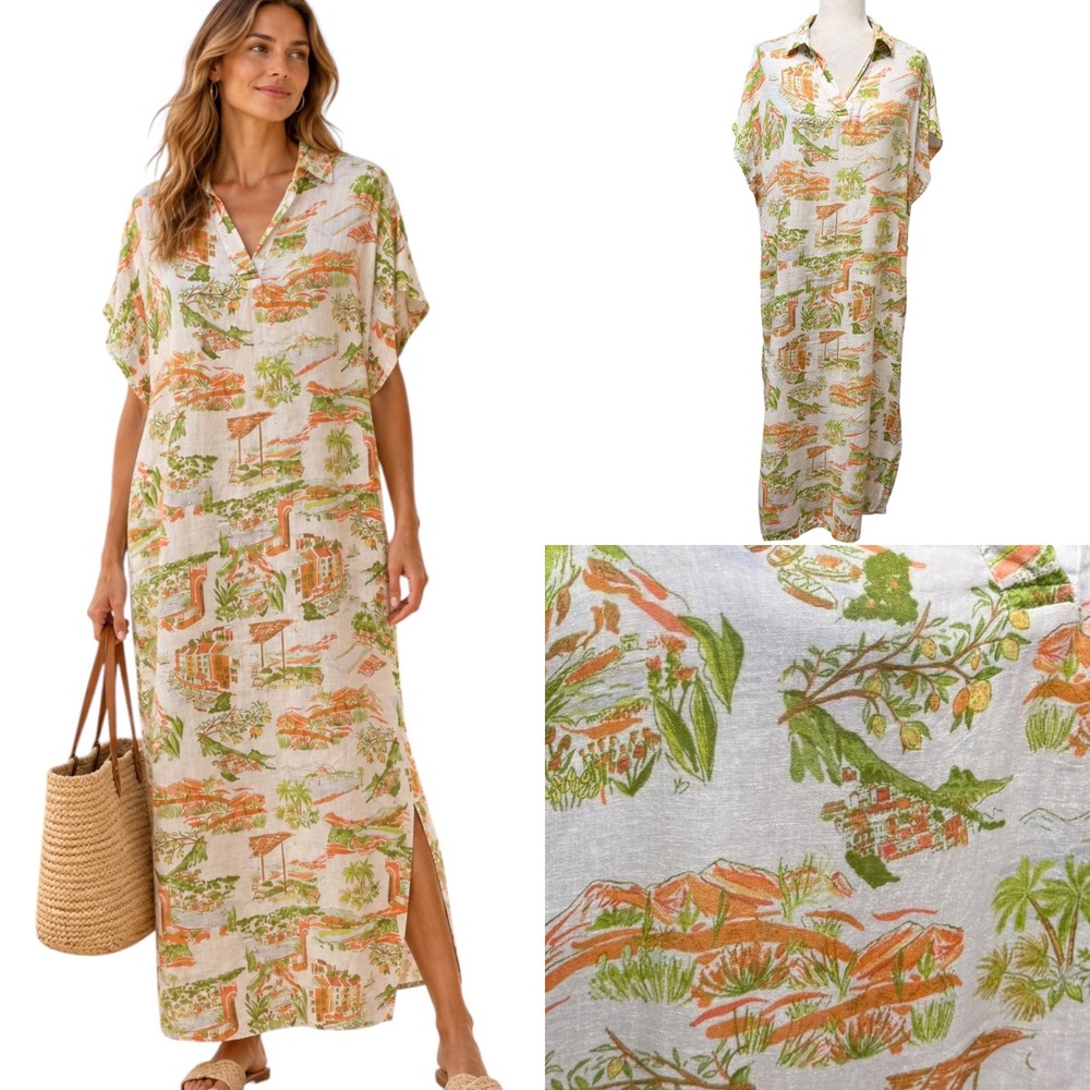 Womens M Maxi Dress Scenic Italian Print AOP Linen Blend Pockets Resortwear Vaca